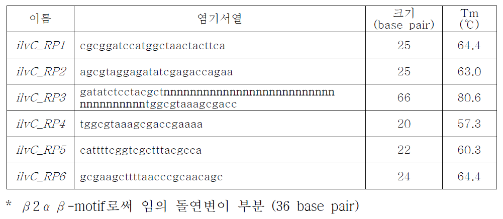 ilvC 유전자 임의 돌연변이 라이브러리 제작을 위한 프라이머