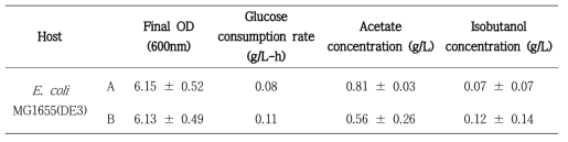 Dual cofactor system이 도입된 E. coli MG1655(DE3)의 발효 결과