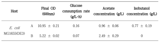 L. lactis 유래 alsSL 유전자 도입된 E. coli MG1655(DE3)의 회분식 배양 결과