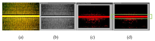 (a) 광학현미경 이미지, (b) gray scale, (c) binary image, (d) pixel intensity 분석