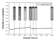 시간에 따른 potential 변화와 시간 별 cross section image(Aspect ratio 15(직경 4 μm, 깊이 60 μm), DC 1 mA/cm2)