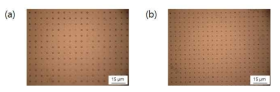 시간에 따른 current density 증가 실험 후 TSV 패턴 위 표면 image. (a) 770 초 DC 1 mA/cm2 + 230 초 DC 2 mA/cm2, (b) 830 초 DC 1 mA/cm2 + 170 초 DC 2 mA/cm2