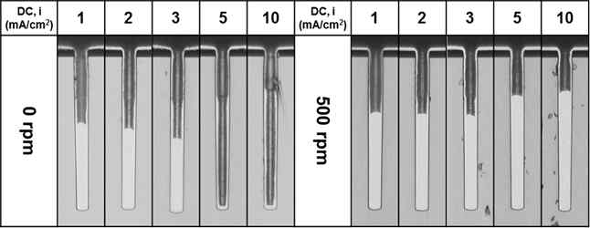 Convection 유무에 따른 current density 별 TSV filling performance