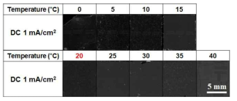 온도에 따른 도금 후 wafer 표면(0, 5, 10, 15, 20, 25, 30, 35, 40 ℃, DC 1 mA/cm2, 증착시간 600 초)