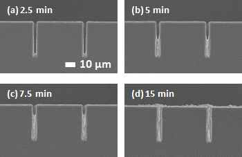 10 μM SPS, 2 ml/l Sup, 6 ml/l Lev 조건에서 (a) 2.5, (b) 5, (c) 7.5, (d) 15 분의 도금 시간에 따른 filling profile image