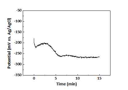 10 μM SPS, 2 ml/l Sup, 6 ml/l Lev 조건에서 trench filling을 진행하는 동안 측정한 potential-time curve