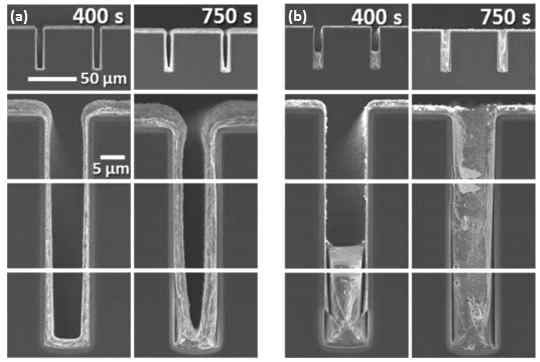 (a) Lev 0 μM (b) Lev 50 μM이 포함된 전해질을 이용하여 15 mA를 각각 400초, 750초 동안 인가하여 filling을 진행한 이후의 trench 단면 SEM image