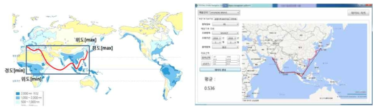 한국-유럽 해역 범위(좌), 한국-유럽 항로(66항차)의 기후데이터(파고) 확인(우)
