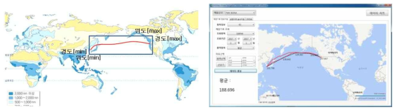 한국-미주 해역 범위(좌), 한국-미주 항로(42항차)의 기후데이터(파향) 확인(우)