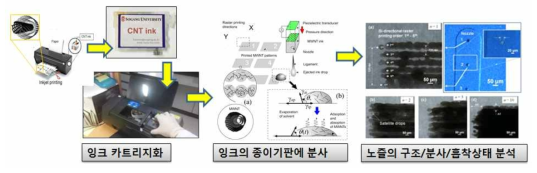 (a)잉크의 카트리지화, (b) 잉크젯 분사, (c) 노즐의 구조, 분사과정 메커므즘, 흡착상태 기계적/광학적 븐석