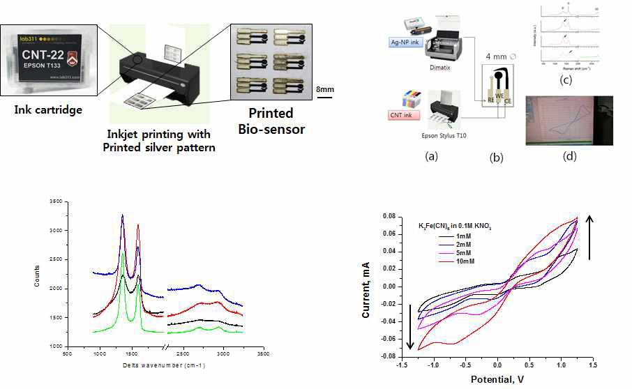 CNT, Ag잉크로 인쇄한 전기화학센서, (a) 인쇄형 제조과정 (b) 전체 스켐, 9c) 전극 라만분석, (d) 혈액에 있는 당뇨진단의 생체 고분자 glucose의 측정 가능성 확인