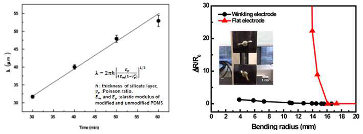 (a) UV 조사 시간에 따른 주름수 비례적 증가, (b) 유연전극의 bending 실험 (유연전극은 작은 curvature 지름 4-15 mm 까지 선형적 응답특성을 나타냄)