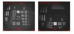 10X (좌), 50X (우) infinity corrected objective 해상도 (상용 target 패턴)