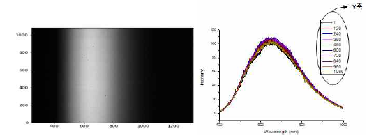 SiO2/c-Si 화소별 파장를 적용한 이미지 (좌), Y축에서 추출한 세기 spectrum (우)