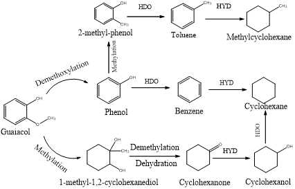 Ni-Mo/Al2O3-TiO2 촉매를 이용하여 guaiacol로부터 HDO 전환의 반응 경로