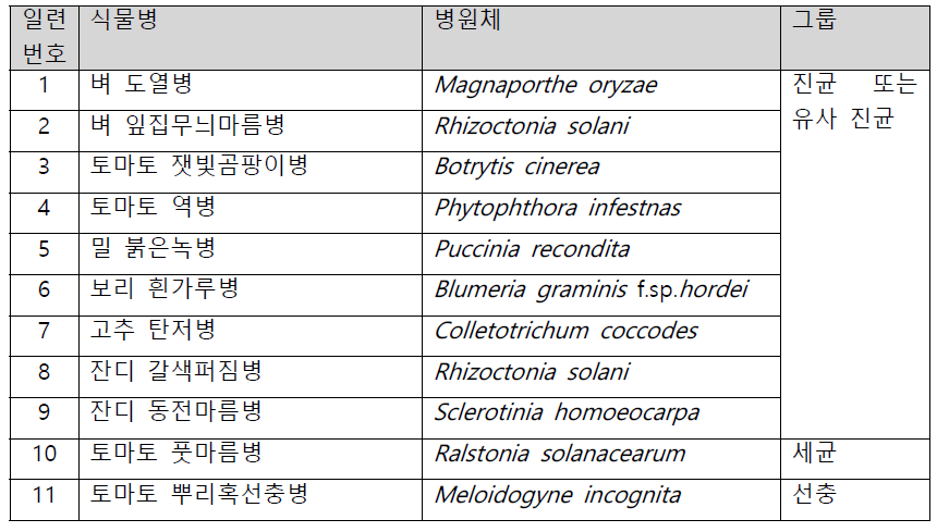 2,3-BDO 약효시험을 진행한 총 11가지 식물병 및 상응하는 병원체