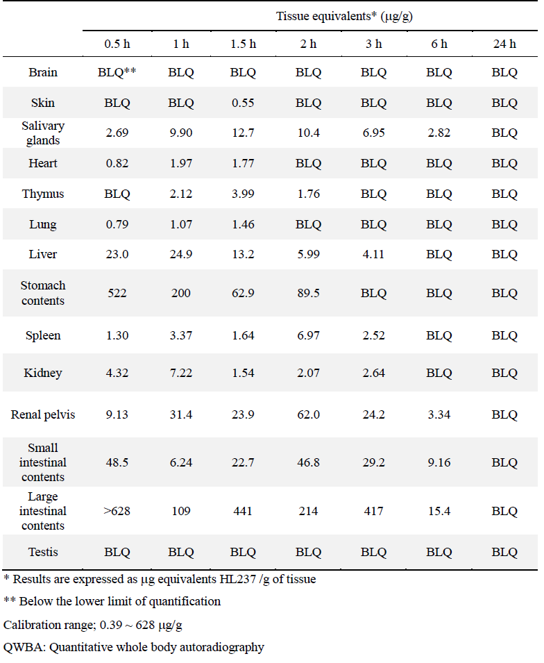 Concentrations of radioactivity in tissues determined by QWBA following a single oral administration of [14C]HL237 to mice (dose : 8 MBq/40 mg/kg)