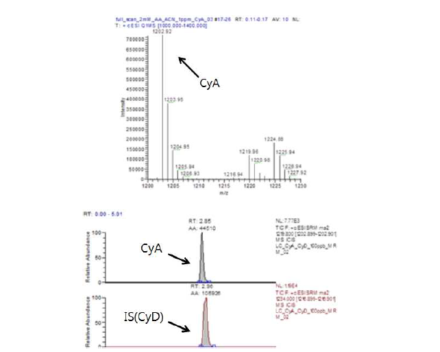 Cyclosporin A 의 스펙트럼 (좌) 과 크로마토그램 (우)