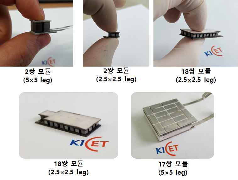 제작된 다양한 크기와 형태의 열전발전 모듈