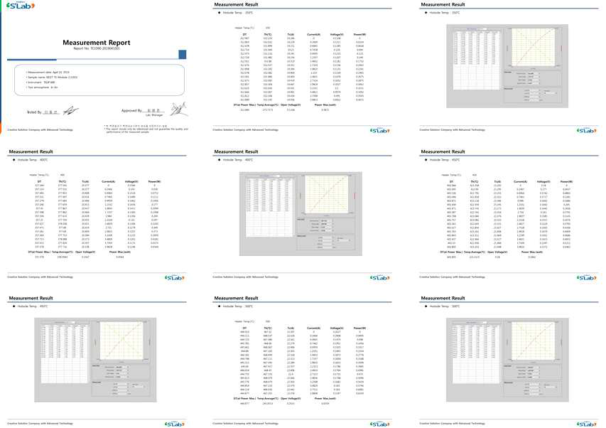 제작된 열전발전 모듈의 출력 평가 시험성적서 ((주)에스랩)