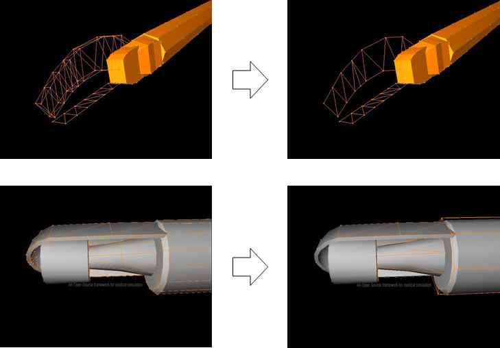 Collision model 변경 통한 충돌연산 개선. (좌) 변경 전, (우) 변경 후