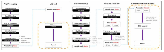 최종적으로 구축된 MSI (left), TMB (right) analysis pipeline