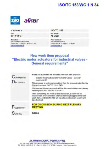 국내에서 제안한 밸브구동기 국제표준 제안서