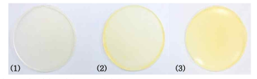 폴리우레탄 복합체; (1) 충전제 無, (2) MCC 5 wt% 및 (3) MCC-TPDT 5 wt% 함유