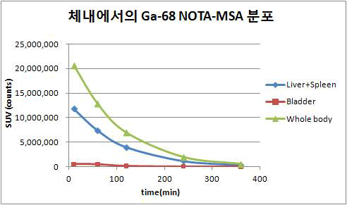 (수식) 시간에 따른 68Ga-MSA의 체내분포 SUV (counts)