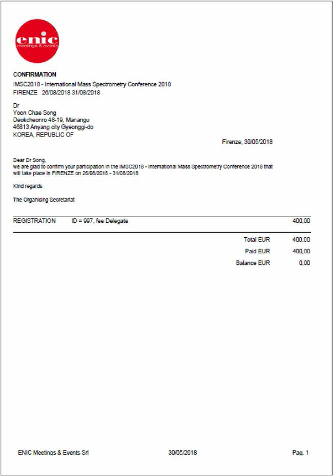 IMSC(Intemational Mass Spectromery Conference) 참가 등록 확인서