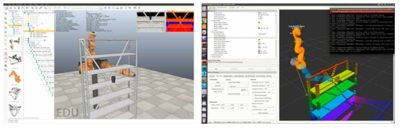 경로 생성 알고리즘의 동작이 취약한 Unstructured Complex Simulation 환경 구성 (좌) 및 경로 생성 알고리즘 동작 화면(우)