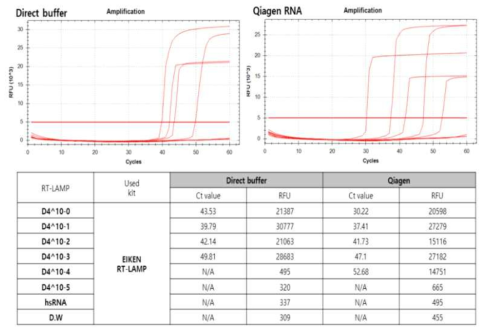 Dengue type 4의 direct RT-PCR kit로 전처리한 것과 QIAgen RNA kit로 추출한 RT-LAMP의 검출한계 형광 검출 결과