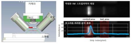 TRF 형광이미지 리더기의 광학계 설계도면(좌) 및 이미지분석 알고리즘 적용 결과(우)