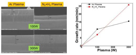 TBDMMo MO-precursor와 Ar, N2/H2 Mixed Plasma를 이용하여 증착된 박막의 FE-SEM Image와 증착률