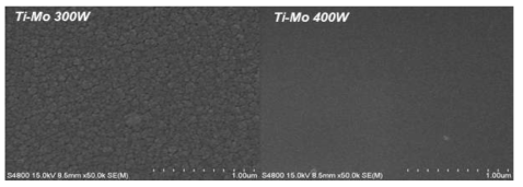 TDMAT와 TBDMMo Binary MO-precursor와 N2/H2 Mixed Plasma를 이용하여 PEMOCVD법으로 증착된 박막의 Plasma Power에 따른 평면 FE-SEM Image