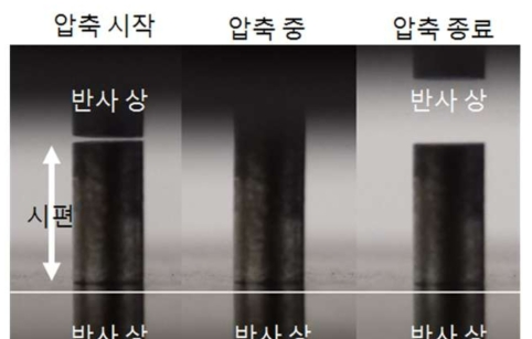 압축 실험. 시작 시점과 실험 도중 및 종료 후의 사진