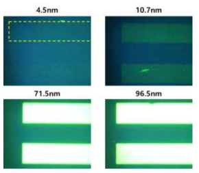 다양한 두께의 Alq3 line pattern 증 착 샘플의 형광 이미지 관찰