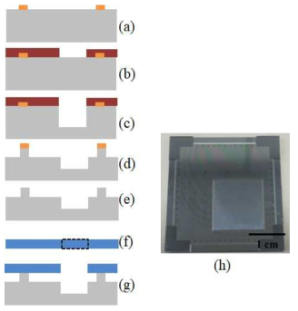 FMM 프레임 틈새 잔류 이물질 검사를 위한 모사 샘플 제작 공정과 제작된 샘플 사진; (a) 식각 보호 층 형성 및 패터닝, (b) 세척액 이동 유로 형성 용 1차 실리콘 이방성 식각을 위한 감광제 패터닝, (c) 1차 실리콘 이방성 식각, (d) 틈새 모사 용 2차 실리콘 식각을 위한 감광제 제거와 2차 실리콘 이방성 식각, (e) 2차 실리콘 이방성 식각 보호 층 제거, (f) 유리 기판 샌딩 가공, (g) FMM 틈새 모사를 위한 실리콘과 글라스 기판 접합, (h) 제작된 FMM 모사 샘플 사진