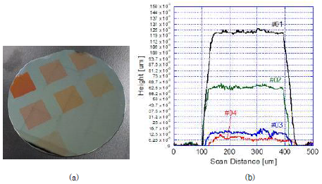 광 이미징 광학계의 이물 검사 수준을 평가 하기 위한, Alq3 증착 시편; (a) 6 인치 실리콘 기판에 새도우 마스크 시험 패턴 증착된 Alq3 샘플 사진, (b) 증착된 Alq3의 두께