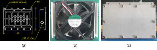제작된 1차 시제품의 도면. (a)도면, (b)Fan과 방열판, (c)제품 사진
