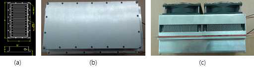 제작된 2차 시제품. (a) 도면, (b) 제품 사진, (c) Fan과 방열판