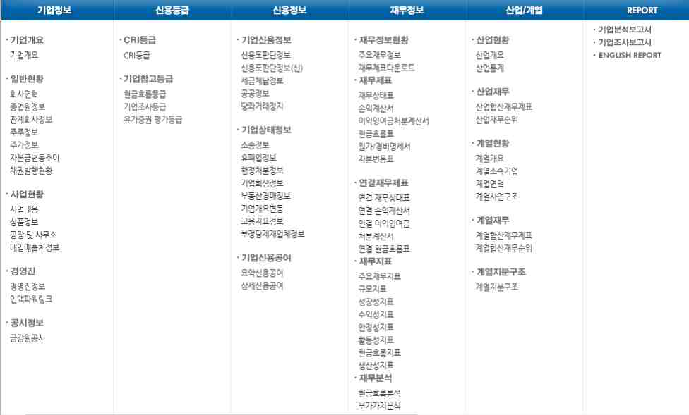 기업정보 화면에서 제공하는 정보 목록