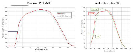 Princeton과 Andor EMCCD 카메라 스펙 - Quantum efficiency curve