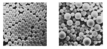 (좌) 균일한 고분자 입자 (우) 크기 분포가 넓은 고분자 입자