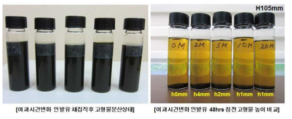 여과중 시간에 따라 채취한 인발유 및 48hrs 침전후 고형물 높이비교사진