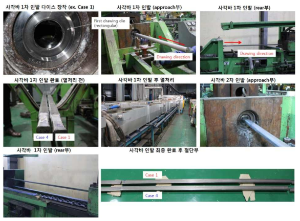 재료연구소 신규 설계 제조한 사각바 step 1 인발 다이스 case 1 및 case 4를 적용한 현장 트라이아웃 프로세스