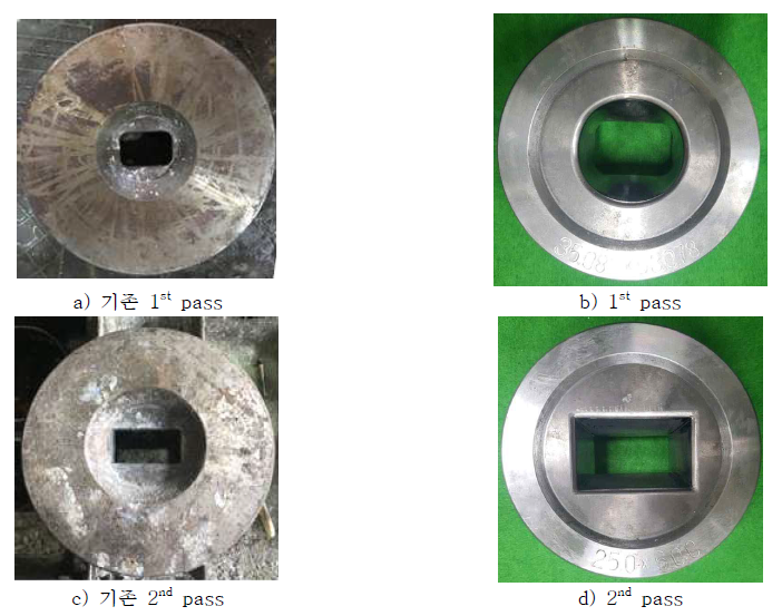 기존 직사각바 인발 다이 및 재설계된 인발 다이