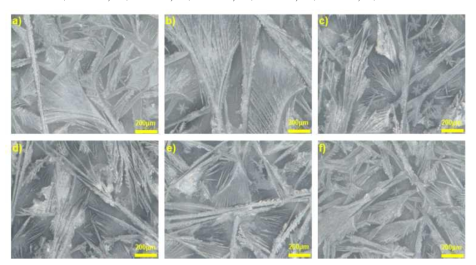 농도 10% 처리액 온도변화처리 표면성상 x200 배율 사진. a)70 ℃, b)75 ℃, c)80 ℃, d)85 ℃, e)90 ℃, f)95 ℃