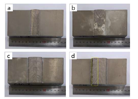 AlMg_S10 적용 부식시편 외관 (a) 입열량 22.9 kJ/cm 용접조건, (b) 입열량 32.6 kJ/cm 용접조건 (c) 입열량 39.1 kJ/cm 용접조건, (d) 입열량 46.9 kJ/cm 용접조건