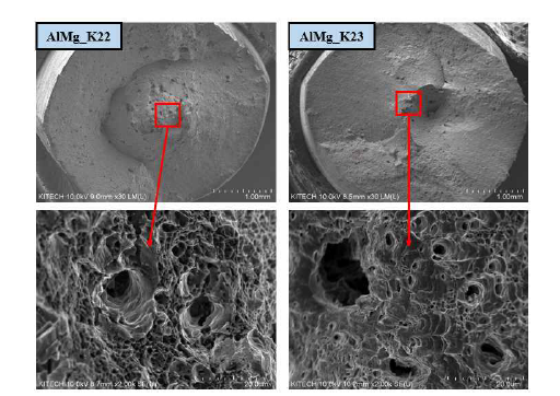 AlMg_K22, AlMg_K23 대직경 개발 와이어 파면 SEM/EDS 분석 결과